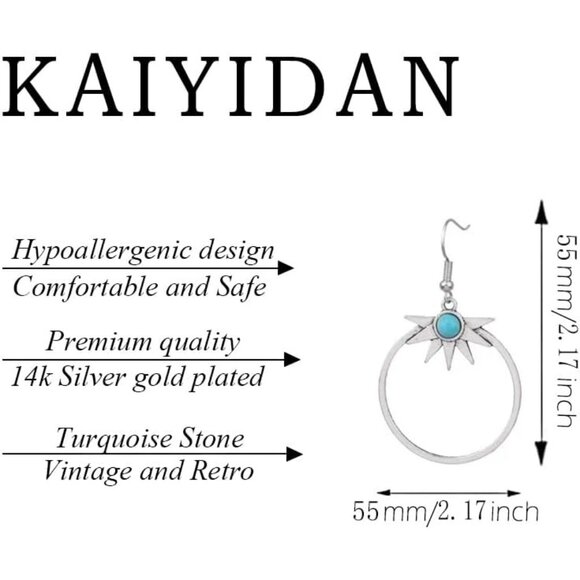 Sun Bell Turquoise Circle Shaped Vintage Long Summer Earring for Women Jewelry - Picture 4 of 9